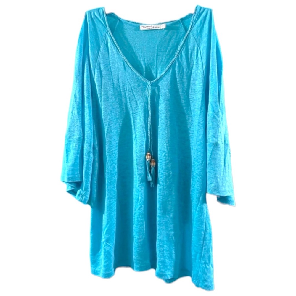 Moon & Meadow EUC S Turquoise 100% Linen Knit Cold Shoulder Tassel Top